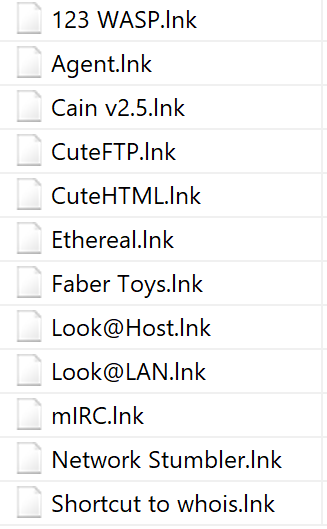 Tools folder: .lnk shortcuts (Cain, Ethereal, Network Stumbler, etc.)