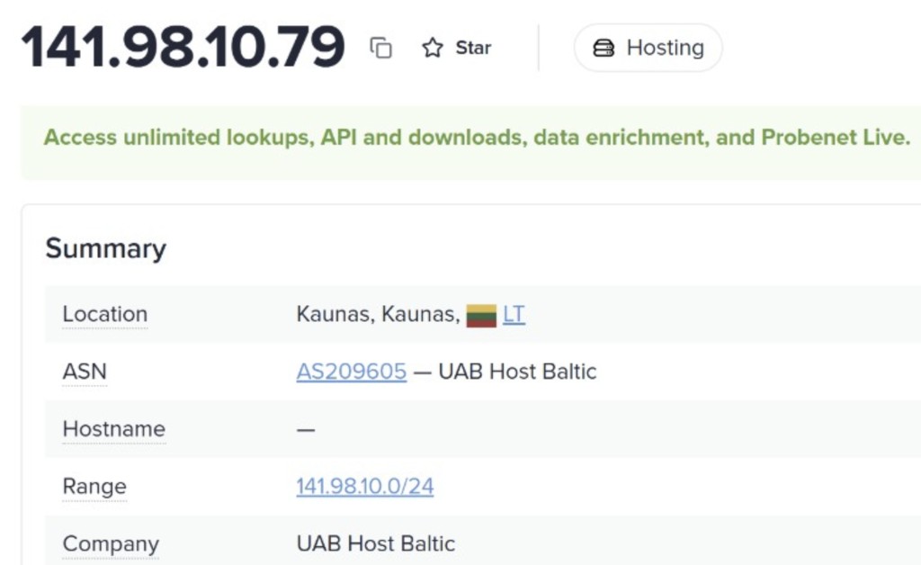 ipinfo.io result for 141.98.10.79 showing UAB Host Baltic, Lithuania, 0 hosted domains
