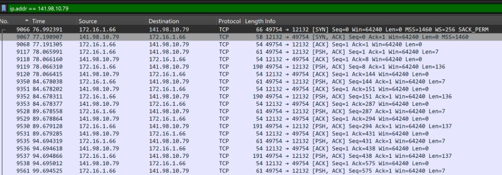 Wireshark packet list filtered to 141.98.10.79 showing TCP on port 12132 and regular packet timing
