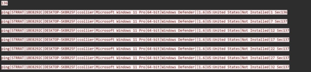 TCP stream showing STRRAT ping beacons in plain text